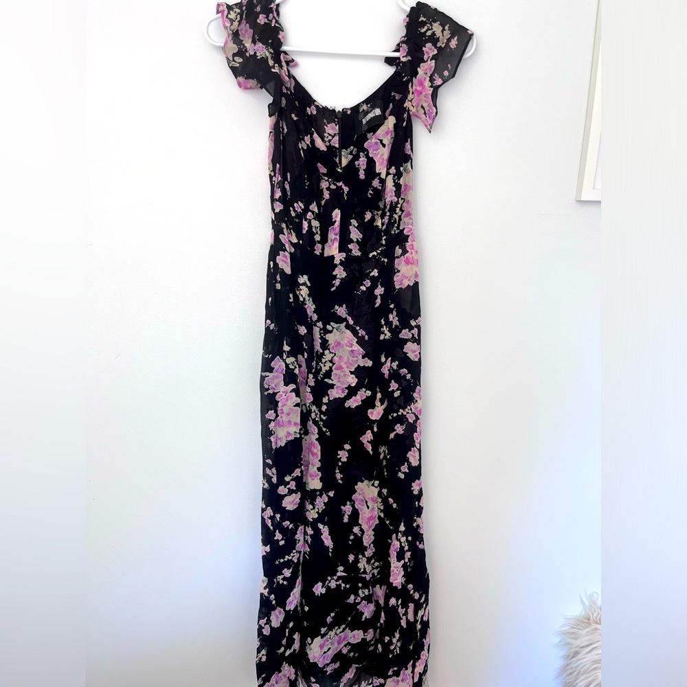 Reformation - maxi dress - black and pink floral - size 2 - sleeveless ruffle